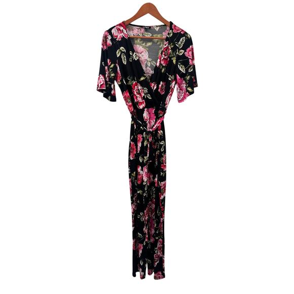 EXPRESS Black Floral Stretch Jersey V-Neck Tie Waist Jumpsuit // XS - Picture 2 of 9